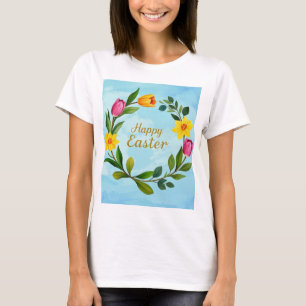 Happy Easter Watercolor wreath of tulips T-Shirt