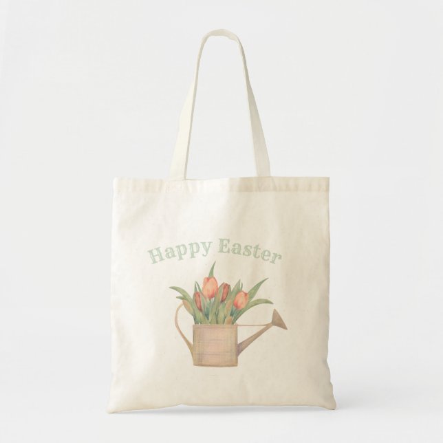 Happy Easter, Watering Can with Spring Flowers Tote Bag (Front)