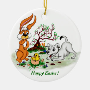 Happy Easter! Welpe, Küken, Hase Ceramic Tree Decoration