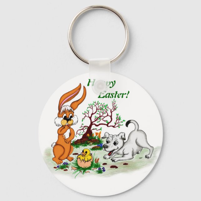 Happy Easter! Welpe, Küken, Hase Key Ring (Front)