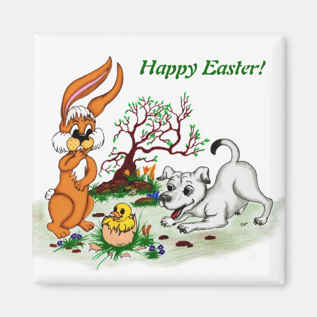 Happy Easter! Welpe, Küken, Hase Magnet (Front)