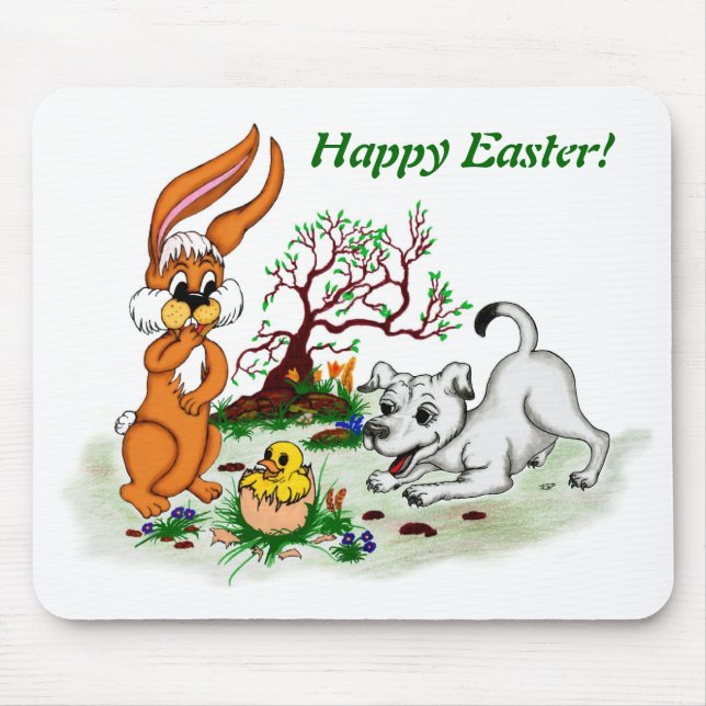 Happy Easter! Welpe, Küken, Hase Mouse Pad (Front)