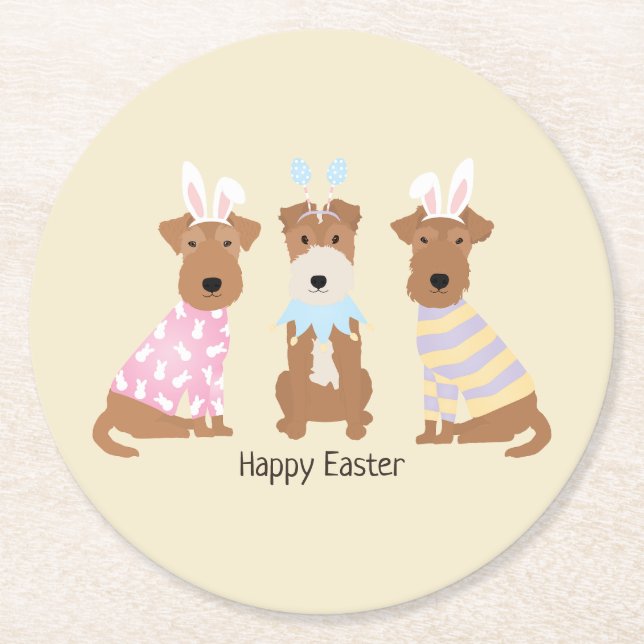 Happy Easter Welsh Terrier Dogs Round Paper Coaster (Front)