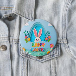 Happy Easter   Whimsical Easter Bunny and Floral 10 Cm Round Badge