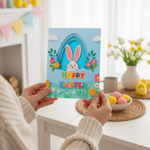 Happy Easter   Whimsical Easter Bunny and Floral Holiday Postcard