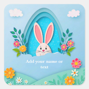 Happy Easter   Whimsical Easter Bunny and Floral Square Sticker