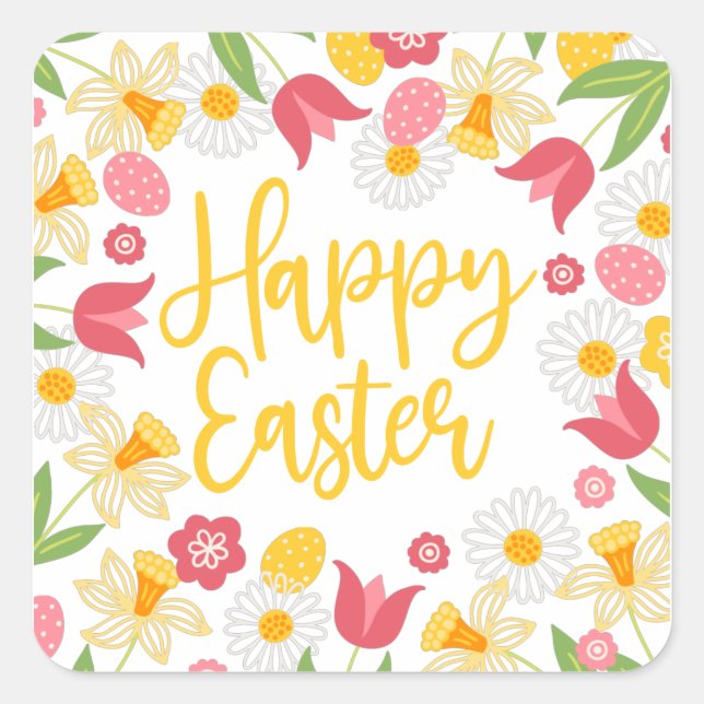 Happy Easter Whimsical Red Yellow Floral Square Sticker (Front)