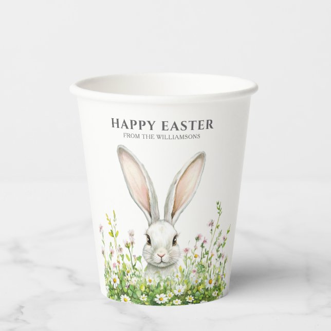 Happy Easter White Bunny Florals Personalised Paper Cups (Front)