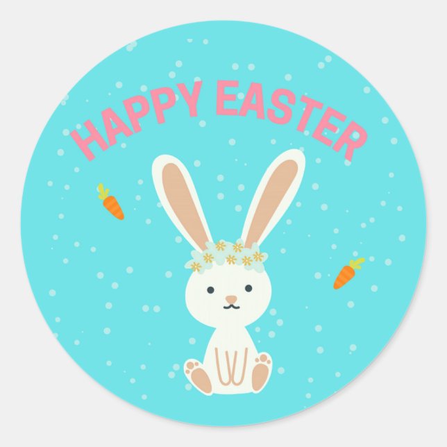 Happy Easter white bunny on blue Classic Round Sticker (Front)