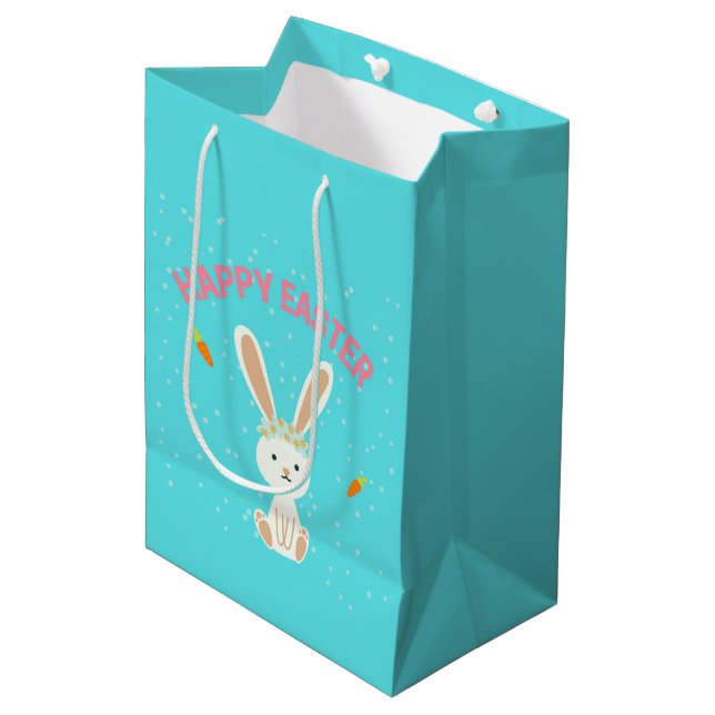 Happy Easter white bunny on blue Medium Gift Bag (Front Angled)
