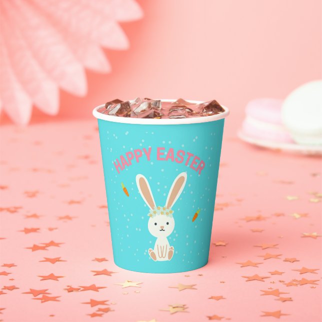 Happy Easter white bunny on blue Paper Cups (Insitu)
