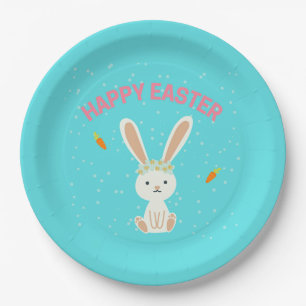 Happy Easter white bunny on blue Paper Plate