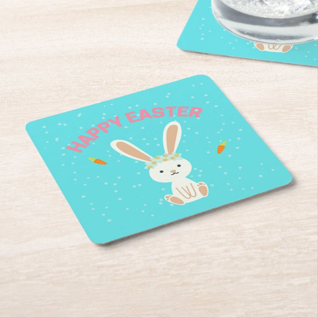 Happy Easter white bunny on blue Square Paper Coaster (Angled)