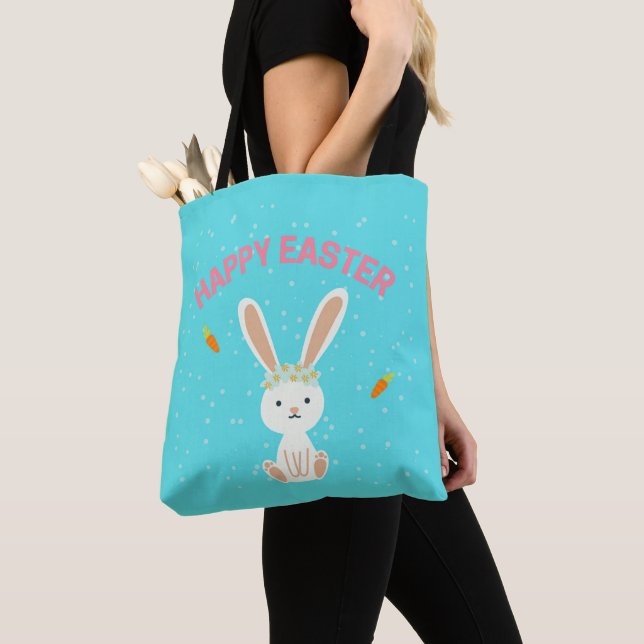 Happy Easter white bunny on blue Tote Bag (Close Up)