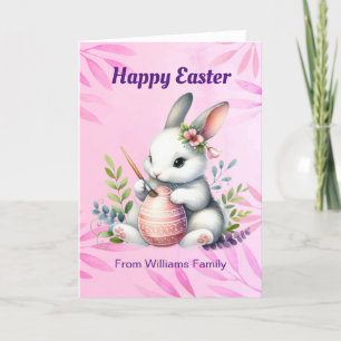 Happy Easter, White Bunny Painting an Easter egg Holiday Card