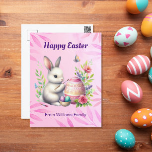 Happy Easter, White Bunny Painting an Easter egg Holiday Postcard