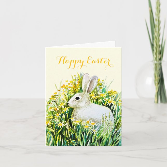 Happy easter white bunny watercolor painting holiday card (Front)