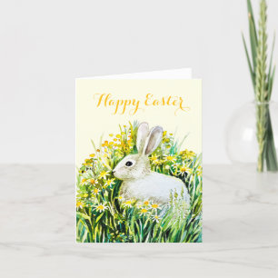 Happy easter white bunny watercolor painting holiday card