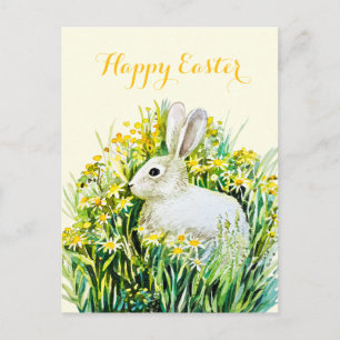 Happy easter white bunny watercolor postcard
