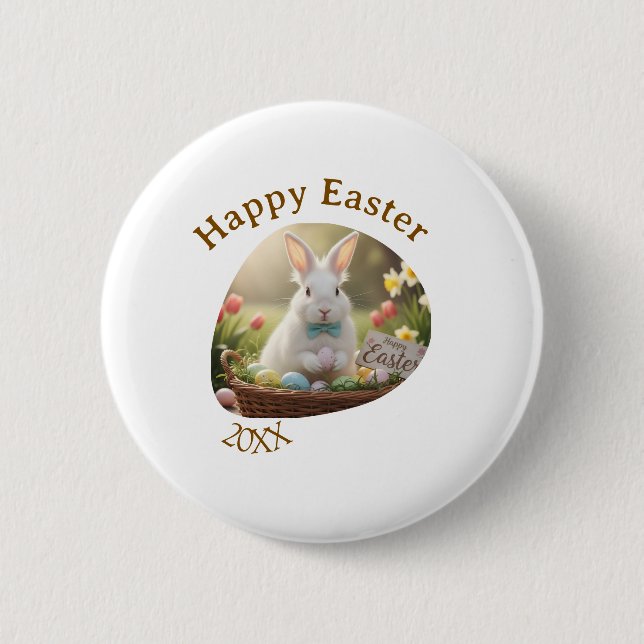 Happy Easter white bunny year photo family name  6 Cm Round Badge (Front)