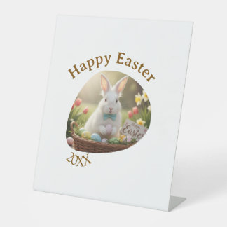 Happy Easter white bunny year photo family name  Pedestal Sign
