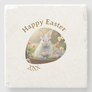 Happy Easter white bunny year photo family name Stone Coaster