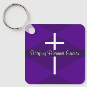 Happy Easter White Cross Purple Christian Key Ring