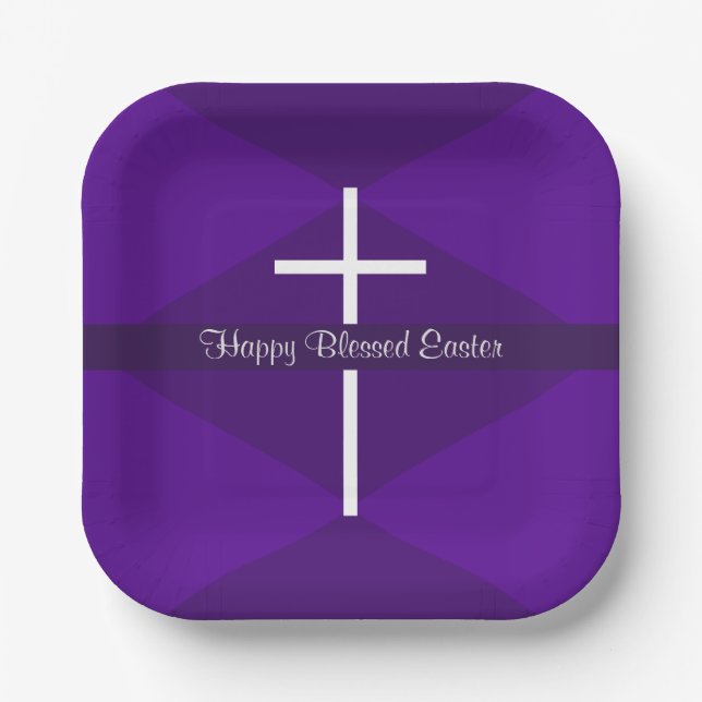 Happy Easter White Cross Purple Christian Paper Plate (Front)