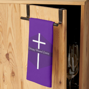 Happy Easter White Cross Purple Christian Tea Towel