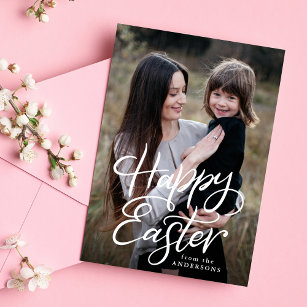 Happy Easter White Hand-Lettered Script Photo Holiday Card