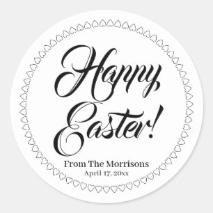 Happy Easter white hearts border custom script  Classic Round Sticker