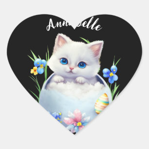Happy Easter White Kitten with Flowers    Heart Sticker