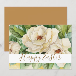 Happy Easter White Magnolia Gold Text Floral Holiday Card