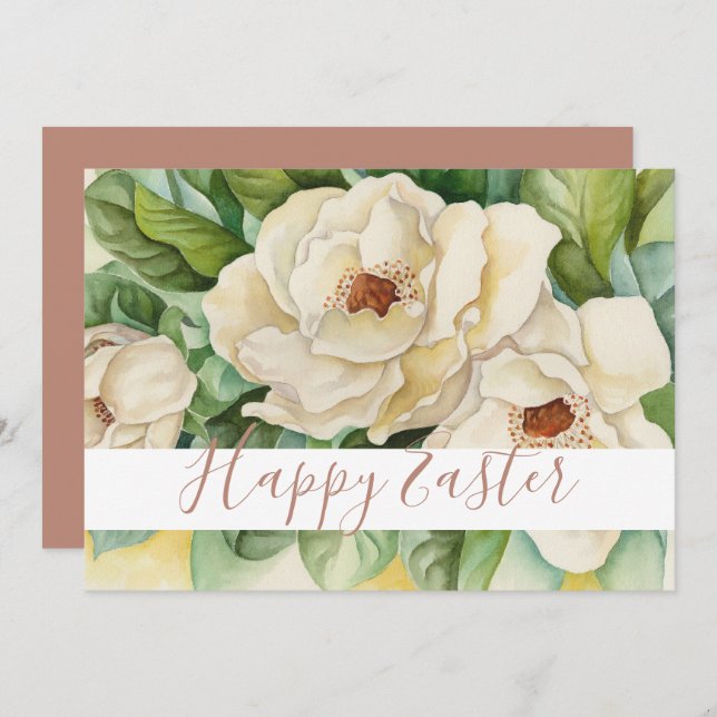 Happy Easter White Magnolia Rose Gold Text Floral Holiday Card (Front/Back)