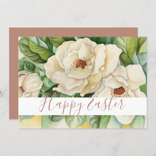 Happy Easter White Magnolia Rose Gold Text Floral Holiday Card