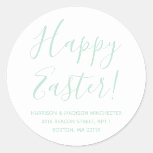 Happy Easter white mint script return address Classic Round Sticker