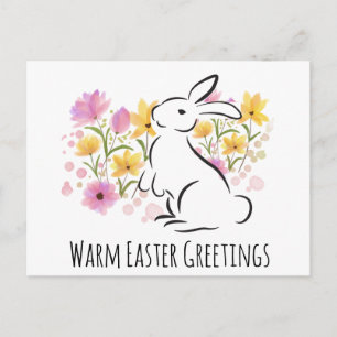 Happy Easter White Rabbit Flowers Postcard