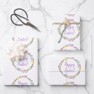 Happy Easter Willow Wreath With Pastel Eggs Wrapping Paper Sheet