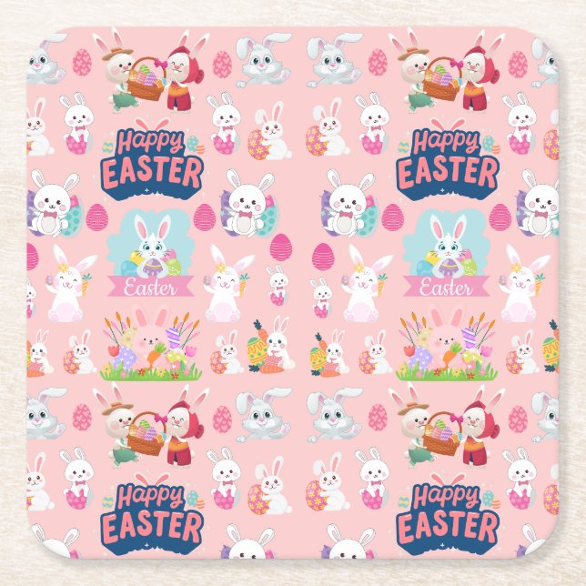 Happy Easter Wishes - Pattern Funny Bunny Easter   Square Paper Coaster (Front)