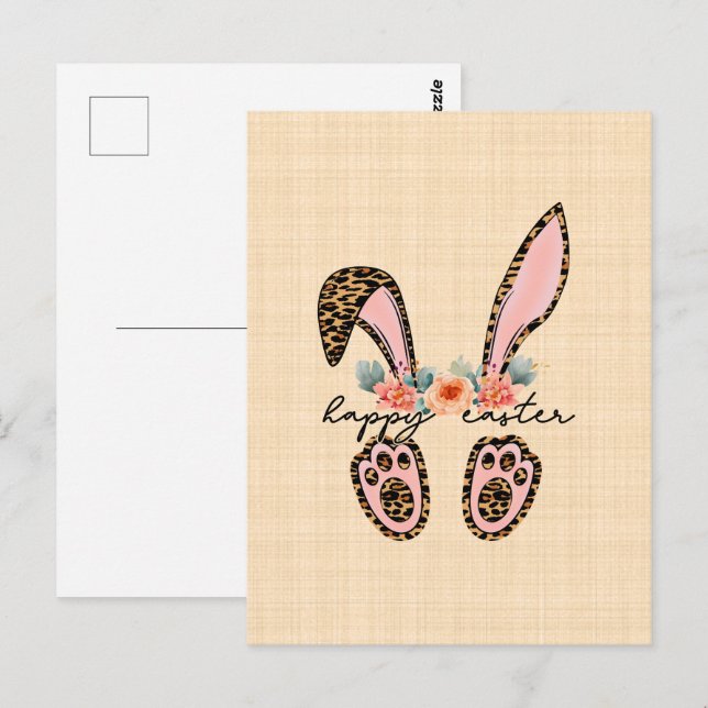 "Happy Easter" with a floral drawing of rabbit Postcard (Front/Back)