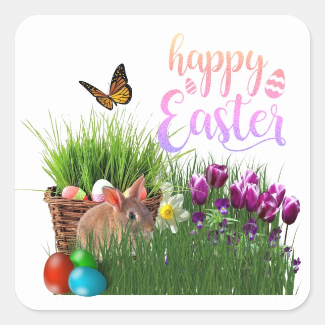 Happy Easter with Bunny Rabbit Holiday  Square Sticker (Front)