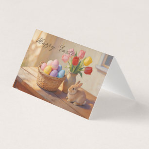 Happy Easter with Colourful Eggs and Tulips