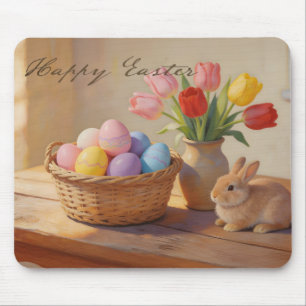 Happy Easter with Colourful Eggs and Tulips Mouse Pad