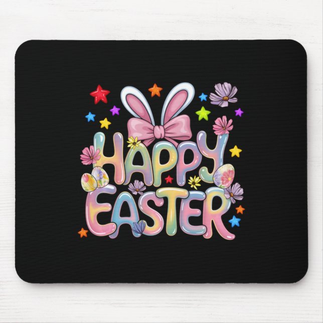 Happy Easter With Colourful Flowers Bunny Easter W Mouse Pad (Front)