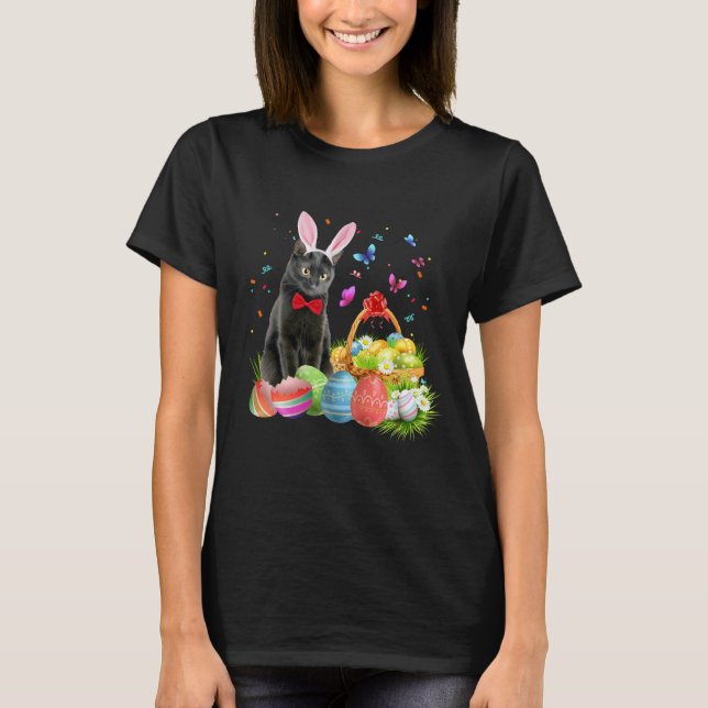 Happy Easter with Cute Bunny Black Cat Eggs Basket T-Shirt (Front)