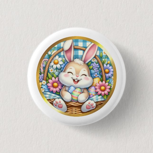 Happy Easter With Cute Bunny, Eggs, and Floral 3 Cm Round Badge (Front)