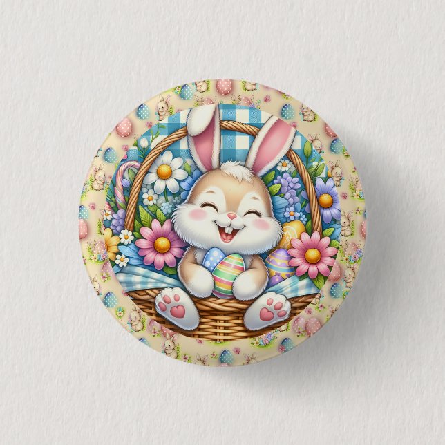 Happy Easter With Cute Bunny, Eggs, and Floral 3 Cm Round Badge (Front)