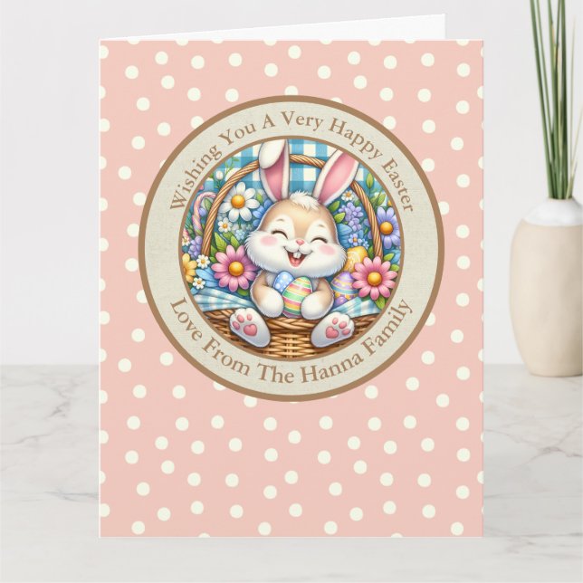 Happy Easter With Cute Bunny, Eggs, and Floral Card (Front)