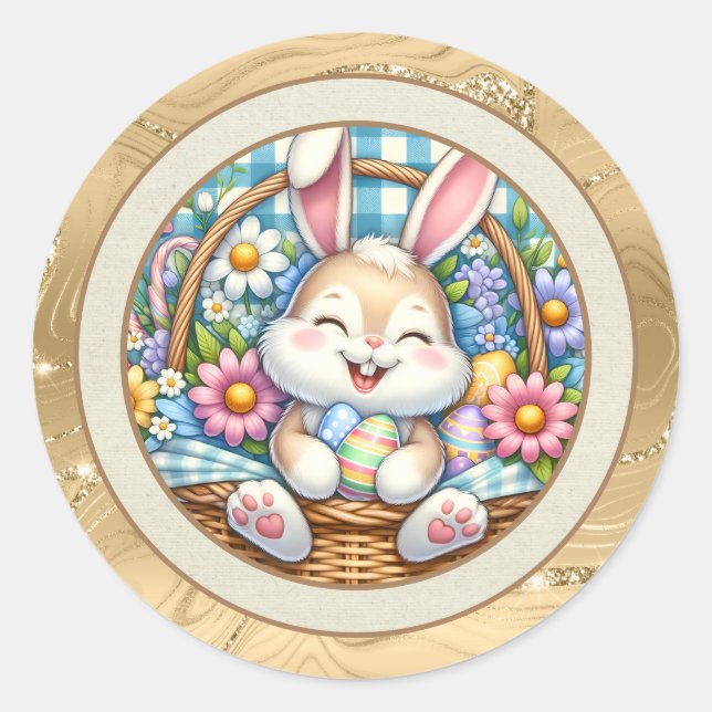 Happy Easter With Cute Bunny, Eggs, and Floral Classic Round Sticker (Front)