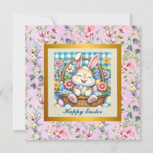 Happy Easter With Cute Bunny, Eggs, and Floral Invitation